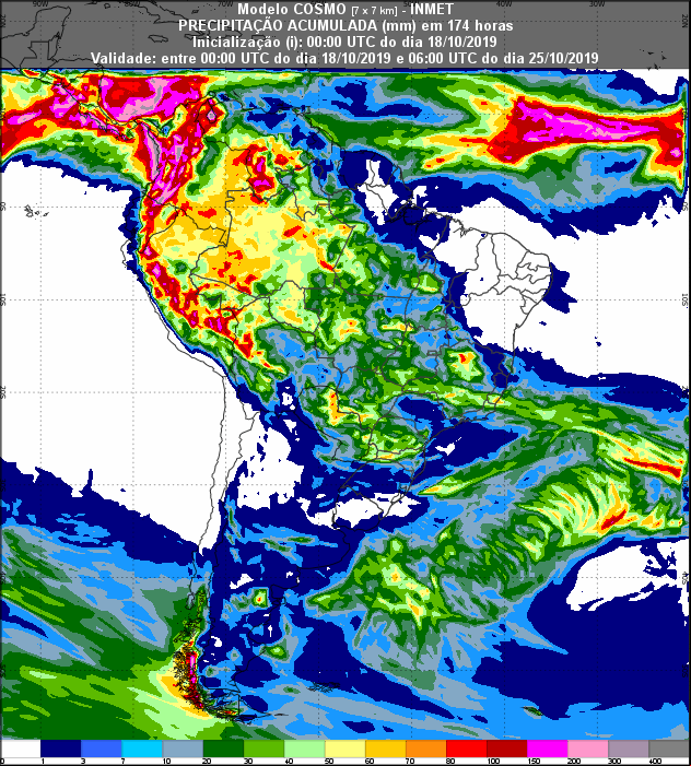 Mapa de precipitação acumulada nos próximos 7 dias em todo o Brasil - Fonte: Inmet