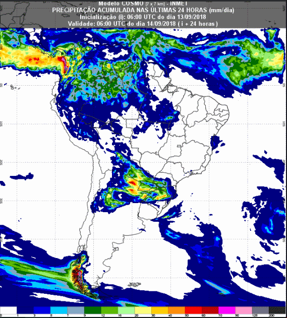 Mapa com a previsão de precipitação acumulada para até 72 horas (14/08 a 16/09) em todo o Brasil - Fonte: Inmet