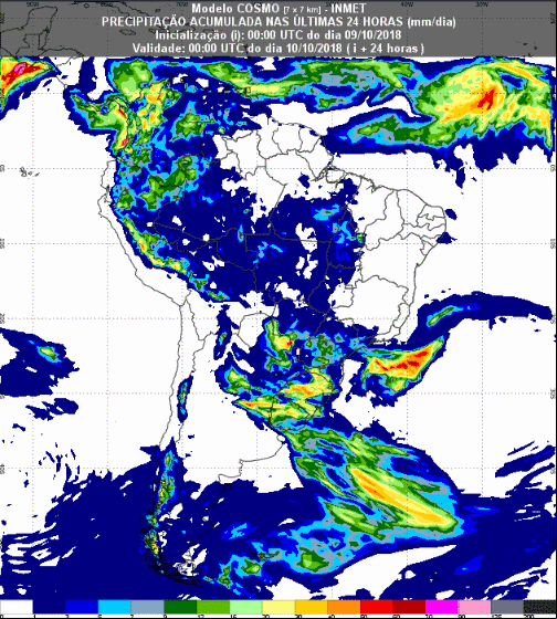 Mapa com a previsão de precipitação acumulada para até 72 horas (10/10 a 12/10) em todo o Brasil - Fonte: Inmet