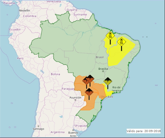 Mapa das áreas com avisos nesta quinta-feira - Fonte: Inmet