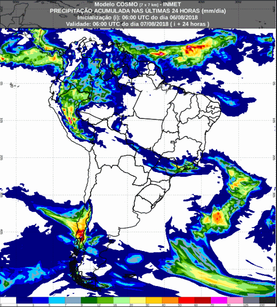 Mapa com a previsão de precipitação acumulada para até 63 horas (07/08 a 08/08) em todo o Brasil - Fonte: Inmet