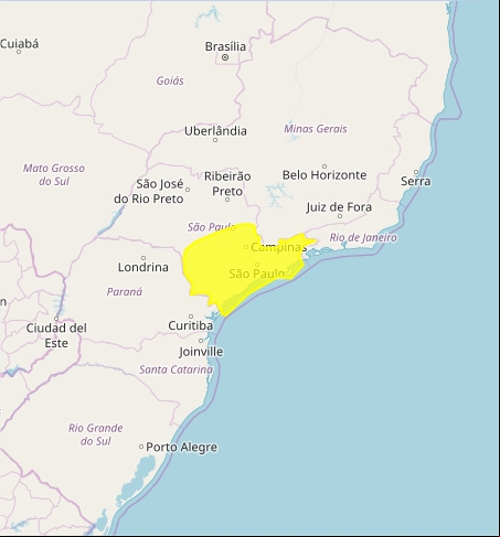 Mapa das áreas com declínio de temperatura nesta quinta-feira - Fonte: Inmet
