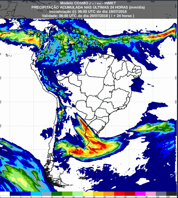 Mapa com a previsão de temperatura mínima para até 72 horas (20/07 a 22/07) em todo o Brasil - Fonte: Inmet