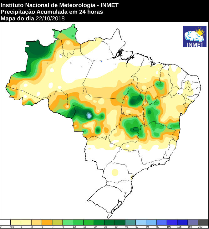 Mapa das áreas com a precipitação acumulada nas últimas 24 horas em todo o Brasil - Fonte: Inmet