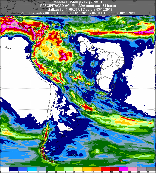Mapa de precipitação acumulada para os próximos 7 dias em todo o Brasil - Fonte: Inmet