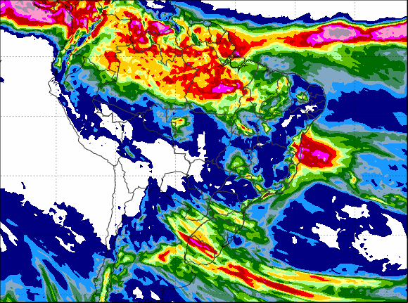 Mapa com a previsão de precipitação acumulada para os próximos 7 dias em todo o Brasil - Fonte: Inmet