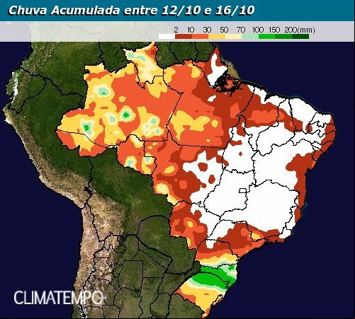 Mapa de precipitação acumulada de 12/10 a 16/10 para todo o Brasil - Fonte: Climatempo