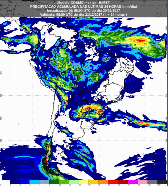 Mapa com a previsão de precipitação acumulada para até 72 horas (20/12 a 22/12) para todo o Brasil  - Fonte: Inmet