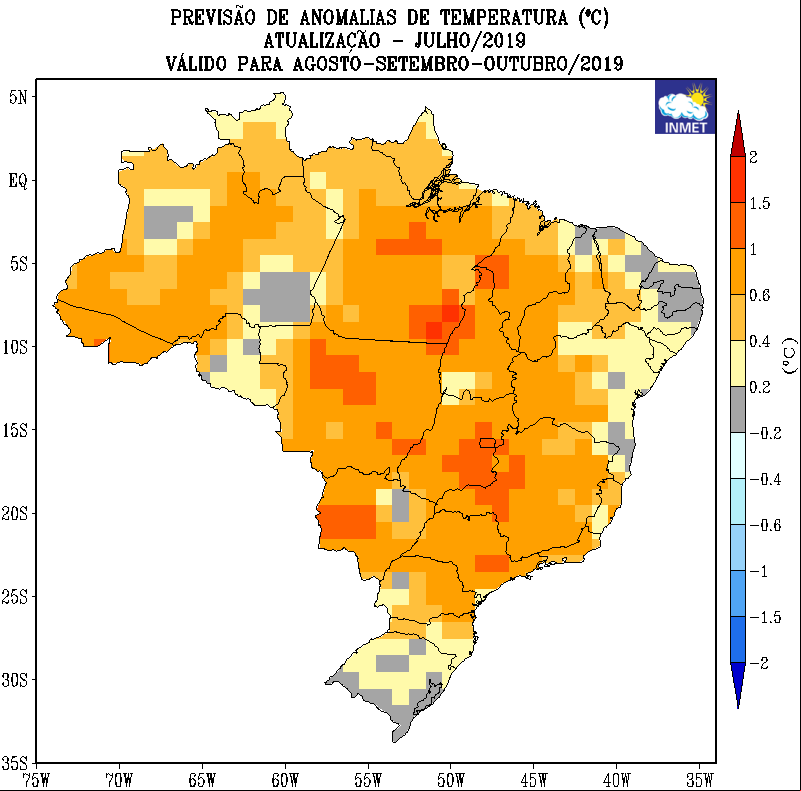 Mapa de previsão de anomalias de temperatura do Inmet para agosto, setembro e outubro - Fonte: Inmet