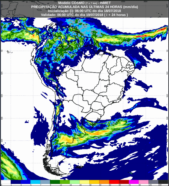 Mapa com a previsão de temperatura mínima para até 72 horas (19/07 a 21/07) em todo o Brasil - Fonte: Inmet