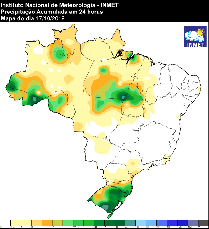 Mapa de precipitação acumulada das últimas 24 horas em todo o Brasil - Fonte: Inmet