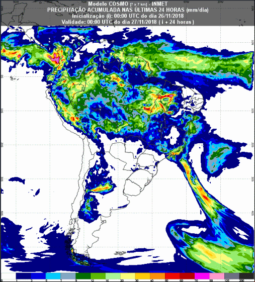 Mapa com a previsão de precipitação acumulada para até 72 horas (24/11 a 26/11) em todo o Brasil - Fonte: Inmet
