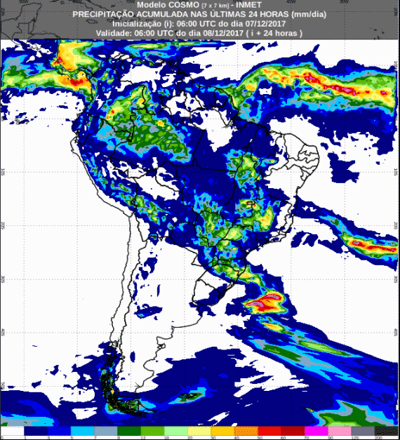 Mapa com a previsão de precipitação acumulada para até 72 horas (08/12 a 10/12) para todo o Brasil - Fonte: Inmet