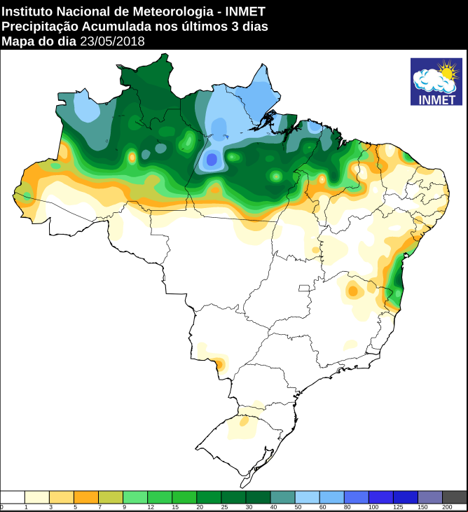 Mapa com a precipitação acumulada em todo o Brasil nos últimos 3 dias - Fonte: Inmet