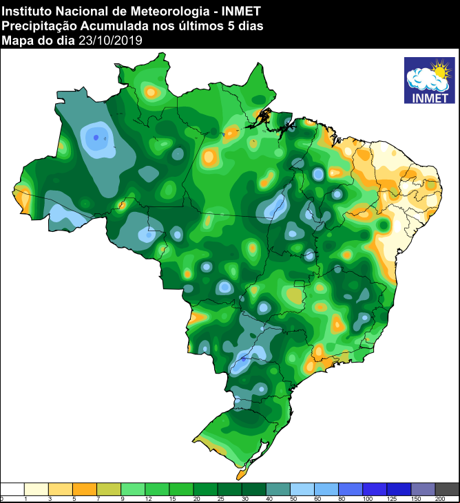 Mapa de precipitação acumulada dos últimos 5 dias em todo o Brasil - Fonte: Inmet