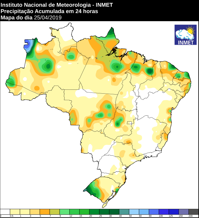 Mapa das áreas com precipitação acumulada nas últimas 24 horas - Fonte: Inmet