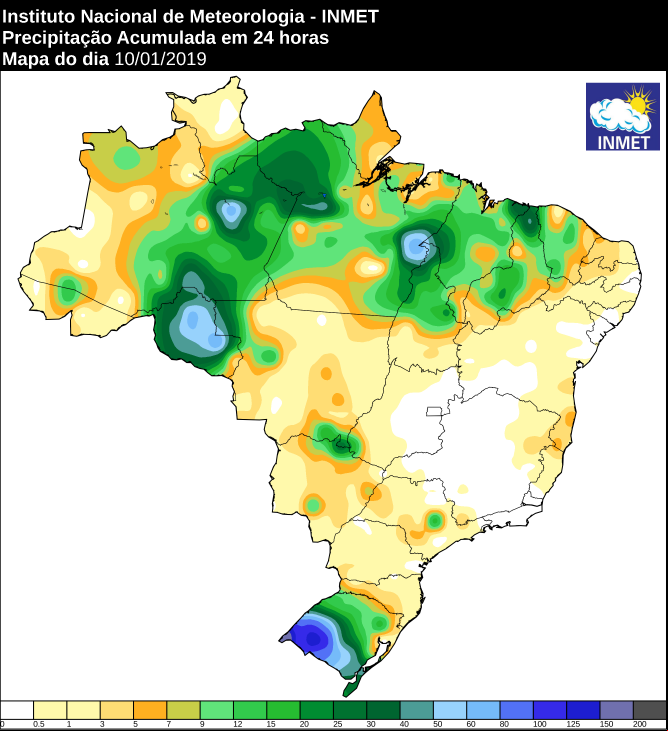 Mapa de precipitação acumulada nas últimas 24 horas em todo o Brasil - Fonte: Inmet