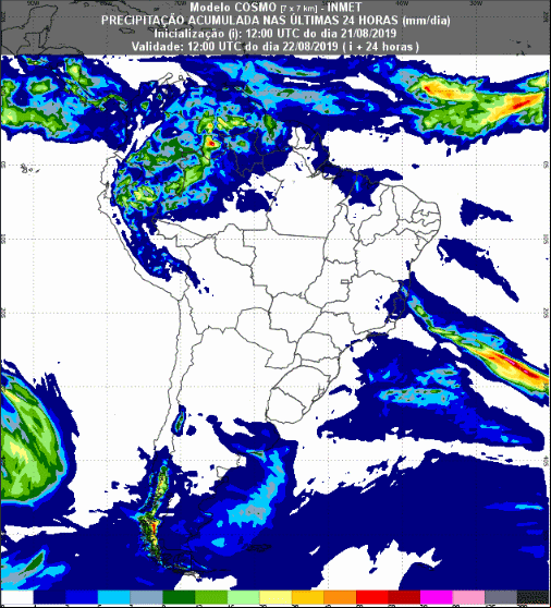 Mapa com a previsão de temperatura máxima para até 93 horas (22/08 a 25/08) em todo o Brasil - Fonte: Inmet
