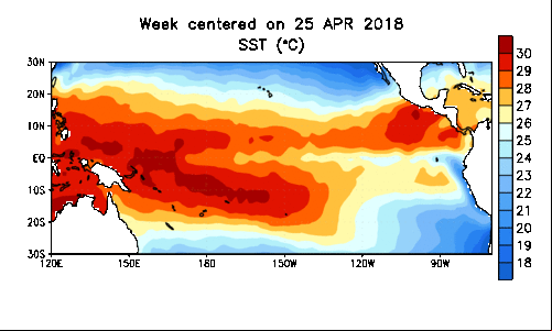 Anomalias médias da temperatura da superfície do mar (TSM) (° C) nas últimas semanas - Fonte: The Climate Prediction Center/NOAA
