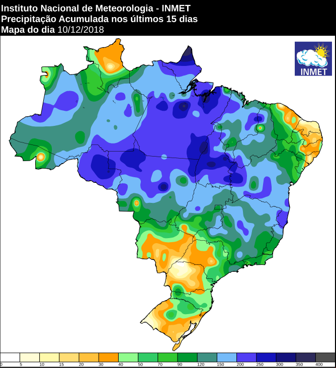 Mapa de precipitação acumulada nos últimos 15 dias em todo o Brasil - Fonte: Inmet