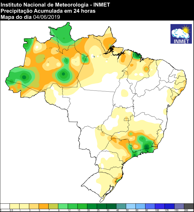 Mapa de precipitação acumulada nas últimas 24 horas em todo o Brasil - Fonte: Inmet