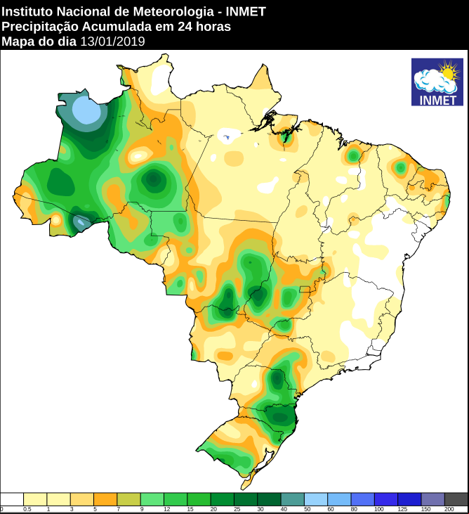 Mapa com a precipitação acumulada em todo o Brasil nas últimas 24 horas - Fonte: Inmet