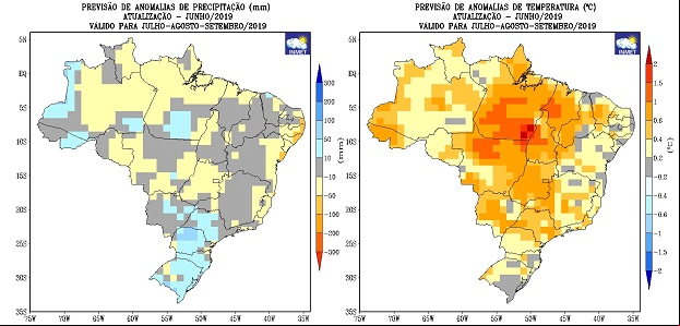 Previsão de anomalias de precipitação e temperatura média do ar do modelo estatístico do INMET para o trimestre julho, agosto e setembro/2019 - Fonte: Inmet