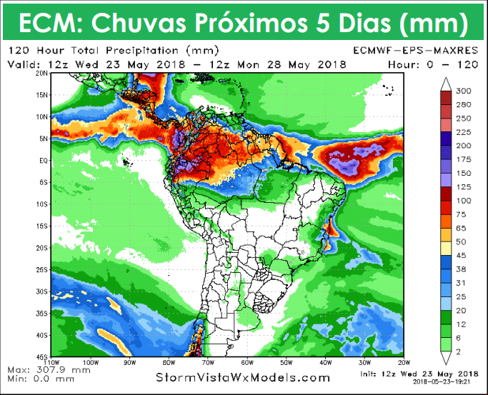 Mapa com a previsão de chuva para os próximos 5 dias na América do Sul - Fonte: AgResource