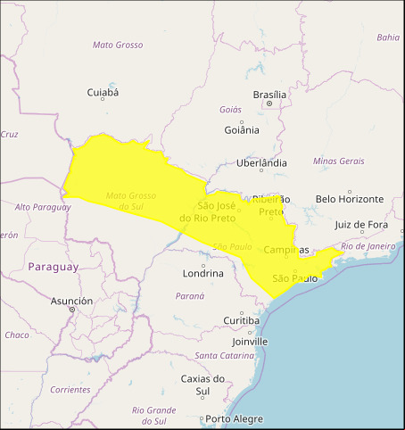 Mapa das áreas com previsão de chuvas intensas nesta 4ª feira em SP e MS - Fonte: Inmet