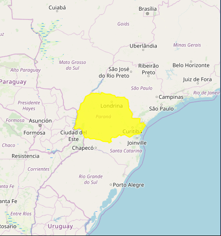 Mapa das áreas com alerta de tempestade nesta 2ª - Fonte: Inmet