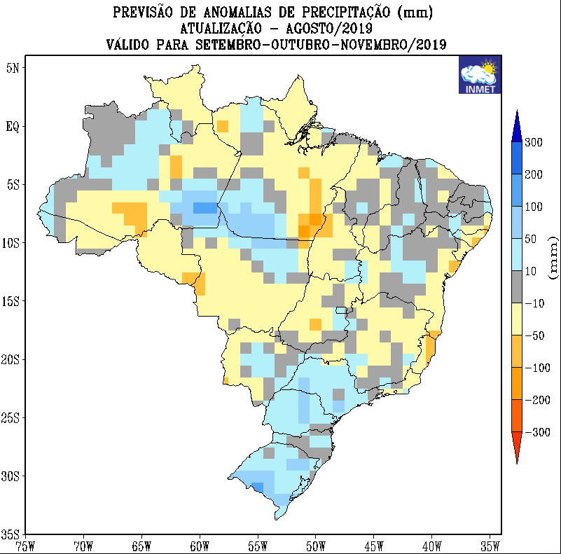 Previsão de anomalias de precipitação dos próximos 3 meses - Fonte: Inmet