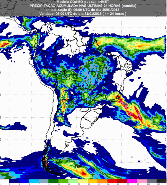 Mapa com a previsão de precipitação acumulada para até 72 horas (31/01 a 02/02) para todo o Brasil - Fonte: Inmet