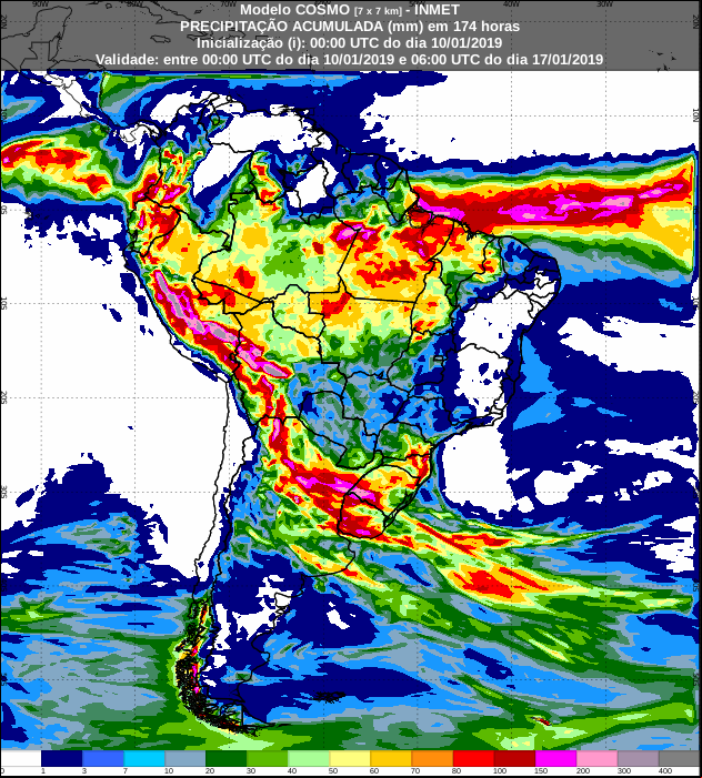 Mapa de precipitação acumulada dos próximos 7 dias em todo o Brasil - Fonte: Inmet