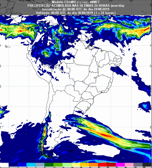 Mapa com a previsão de precipitação acumulada para até 93 horas (30/08 a 01/09) em todo o Brasil - Fonte: Inmet