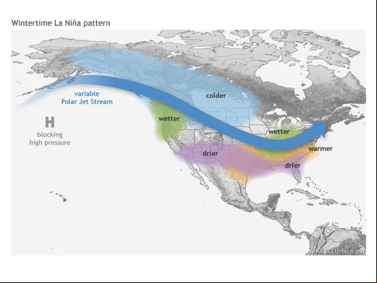 Típicos impactos do La Niña no inverno em toda a América do Norte (Foto: The Climate Prediction Center/NOAA)