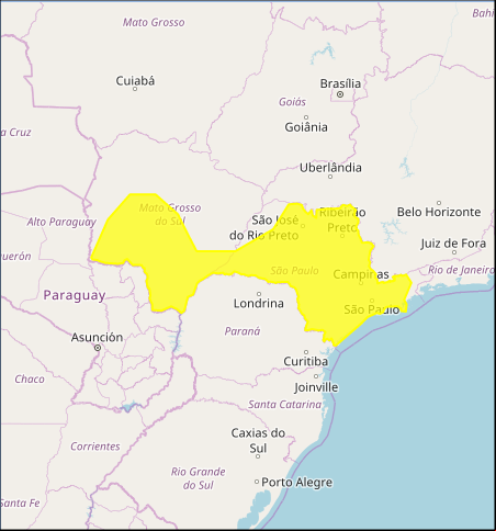 Mapa das áreas com previsão de altos acumulados nesta 4ª feira / MS e SP - Fonte: Inmet