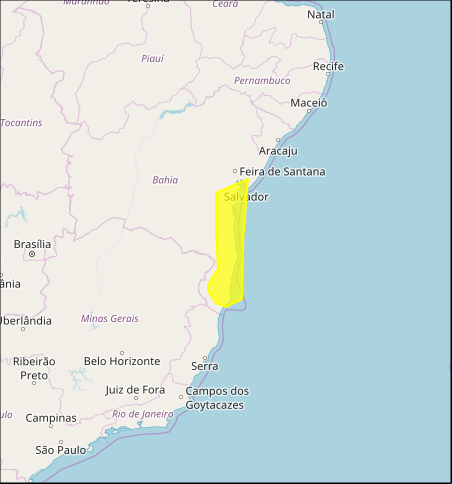 Mapa das áreas com previsão de altos acumulados nesta 4ª feira - Fonte: Inmet