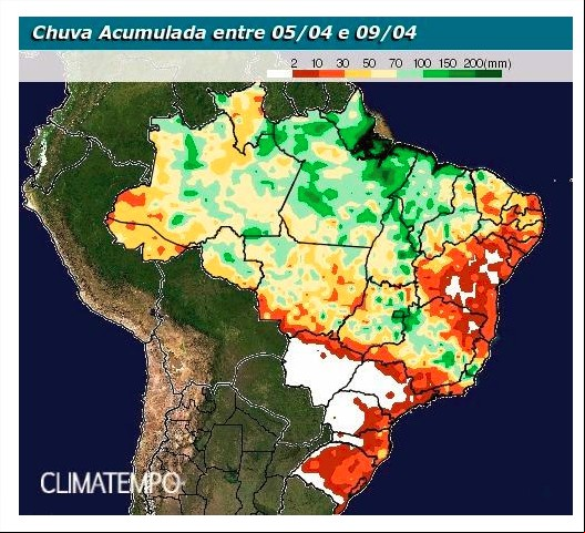 Chuva acumulada entre 5 a 9 de abril - Climatempo