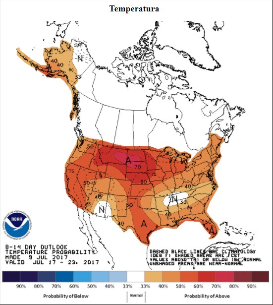 Temperaturas previstas nos EUA nos próximos 8 a 14 dias - Fonte: NOAA