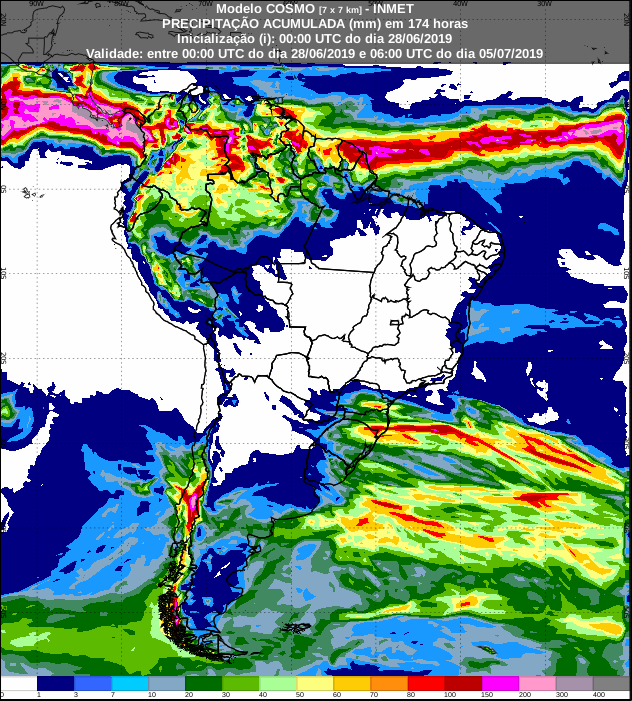 Mapa das áreas com a previsão de precipitação acumulada para os próximos 7 dias - Fonte: Inmet