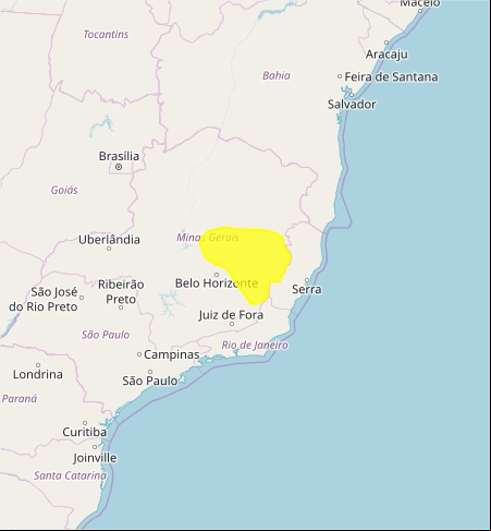 Mapa das áreas com previsão de chuvas intensas nesta quarta-feira - Fonte: Inmet