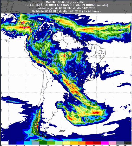 Mapa com a previsão de precipitação acumulada para até 72 horas (15/11 a 17/11) em todo o Brasil - Fonte: Inmet