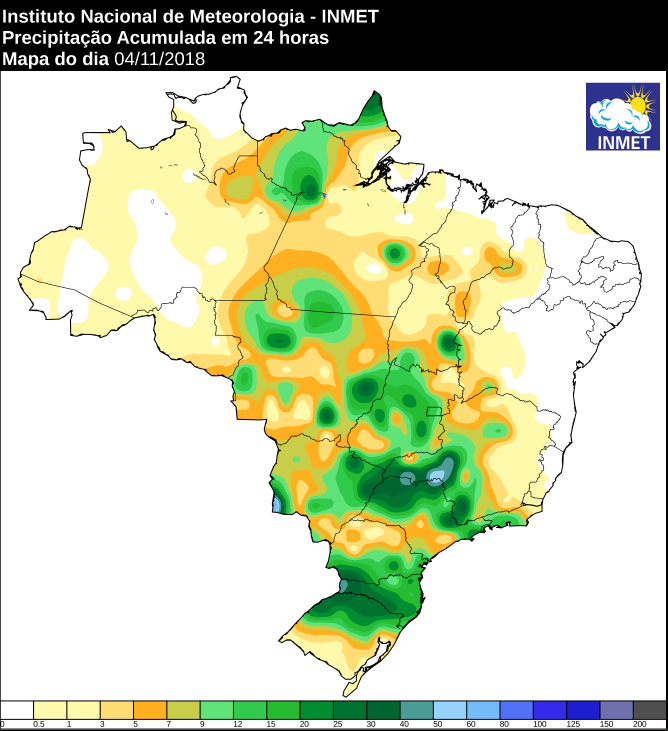 Mapa com precipitação acumulada nas últimas 24 horas em todo o Brasil - Fonte: Inmet