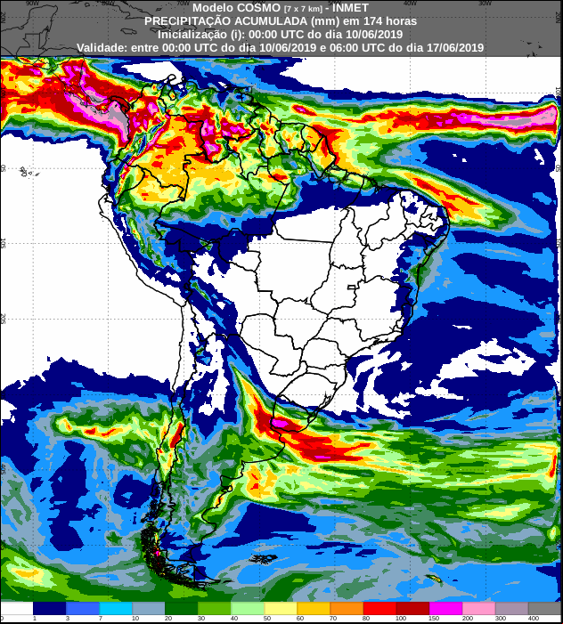 Mapa com a previsão de precipitação acumulada para os próximos sete dias - Fonte: Inmet