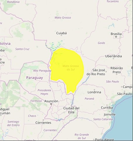 Mapa das áreas com alerta de tempestade nesta 5ª feira - Fonte: Inmet