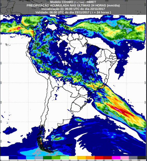 Mapa com a previsão de precipitação acumulada para até 72 horas (23/11 a 25/11) para todo o Brasil - Fonte: Inmet