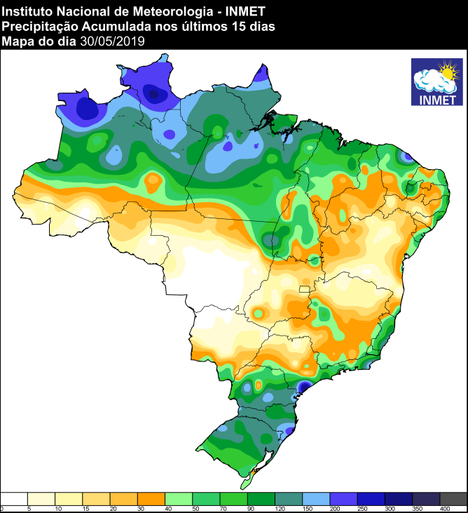 Mapa de precipitação acumulada dos últimos 15 dias em todo o Brasil - Fonte: Inmet