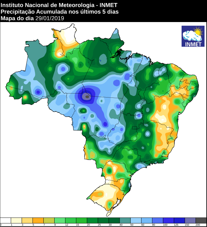 Mapa de precipitação acumulada nos últimos 5 dias em todo o Brasil - Fonte: Inmet