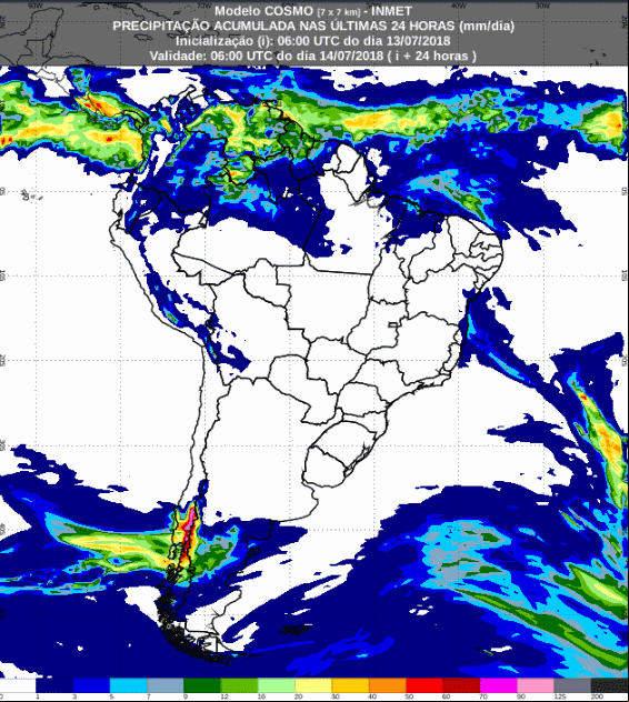 Mapa com a previsão de temperatura mínima para até 69 horas (14/07 a 16/07) em todo o Brasil - Fonte: Inmet