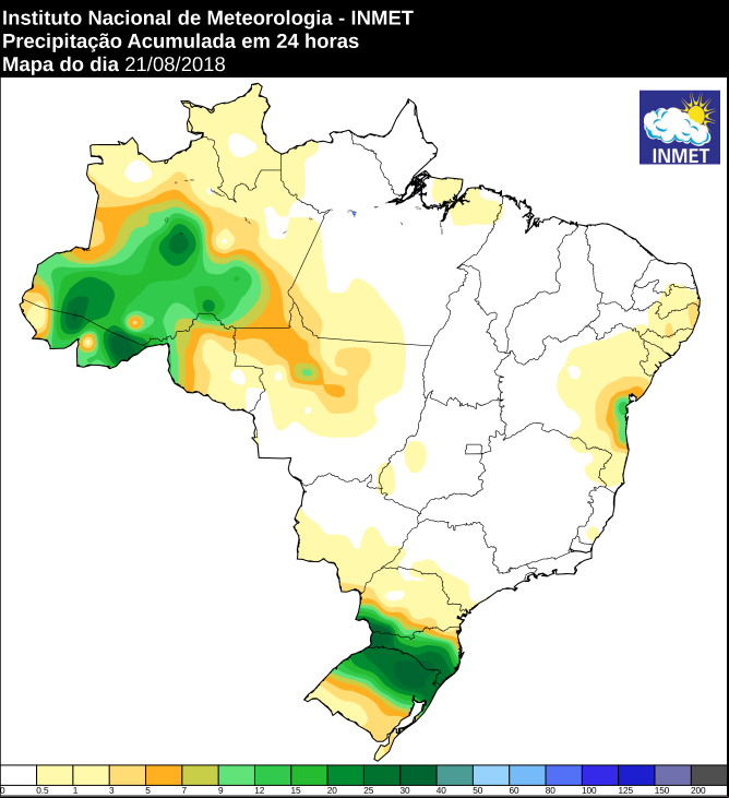 Mapa das áreas com precipitação acumulada nas últimas 24 horas em todo o Brasil - Fonte: Inmet